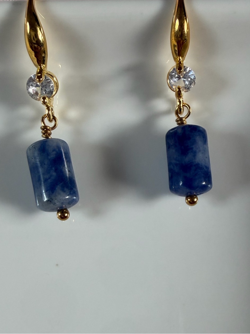 Gold-Tone Drop Earrings with Blue Stone and Crystal Accent